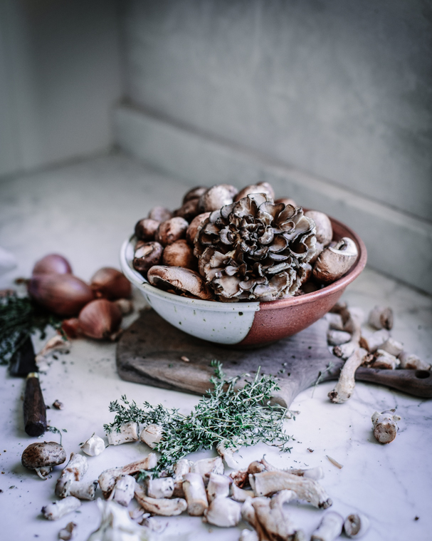 wild mushrooms and thyme for pot pie