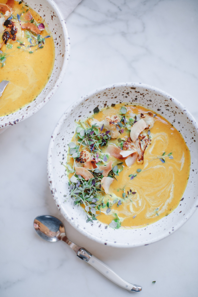Quick and easy Healing Vegan Turmeric Coconut Milk Cauliflower Soup. This healthy, low carb detox recipe is immunity boosting and healing as well as Paleo, Keto, and Whole 30 diet friendly!