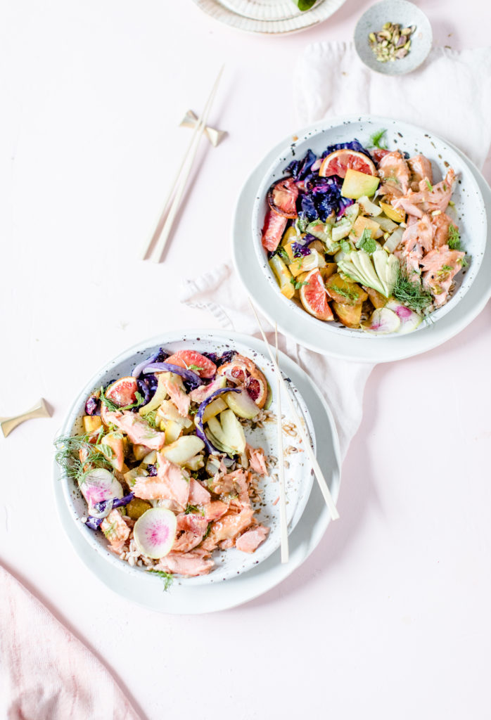 Miso Glazed Slow Roasted Salmon Salad Bowl with Fennel, Blood Orange, Beets, Avocado, and Farro in a Charred Citrus Vinaigrette. A quick & easy healthy weeknight winter recipe for citrus season! Recipe, photos, and styling by Beth Kirby of Local Milk.