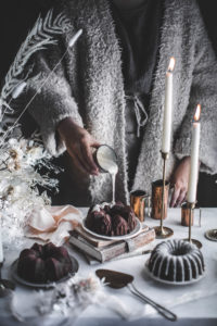 Dark Chocolate Orange Blossom Bundt Cake with Whiskey, Buttermilk Cardamom, and Nutmeg + an Orange Flower & Creme Fraiche Glaze. This recipe for Christmas dessert cakes is rich, moist, fudgy, and easy to bake from scratch with kids! | #foodphotography and #foodstyling by Beth Kirby / Local Milk