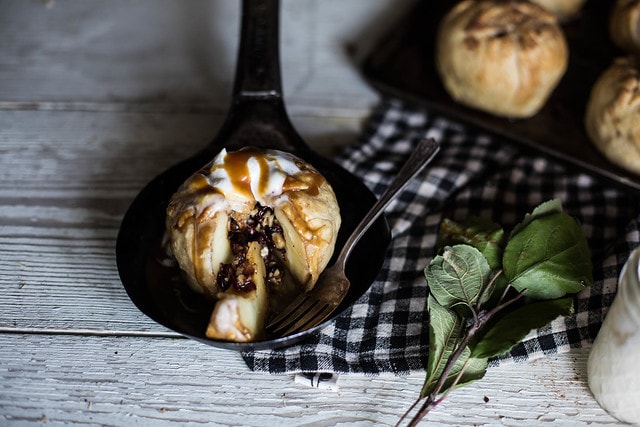 salted caramel apple dumplings with dried cherries, hazlenuts, and ginger creme fraiche