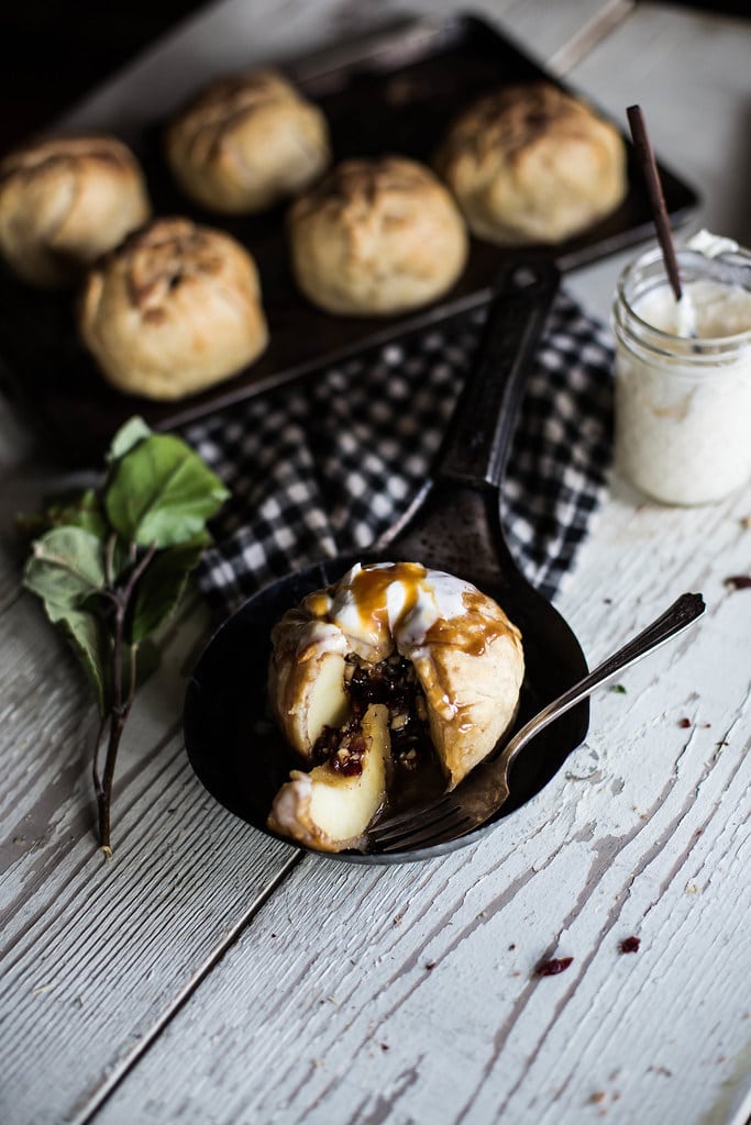 salted caramel apple dumplings with dried cherries, hazlenuts, and ginger creme fraiche