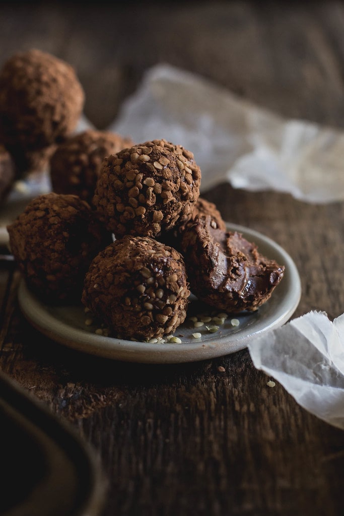 raw vegan chocolate truffles: almond butter + cayenne + hemp seed