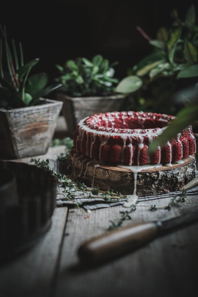 all natural red velvet cake + goat cheese thyme icing (dyed with beets!)