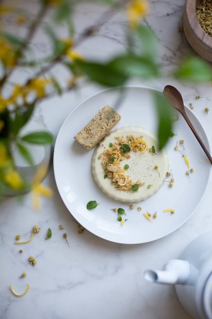 chamomile panna cotta with lemon, poppy seed, and olive oil shortbread