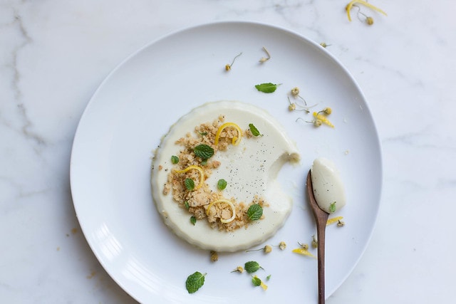 chamomile panna cotta with lemon, poppy seed, and olive oil shortbread