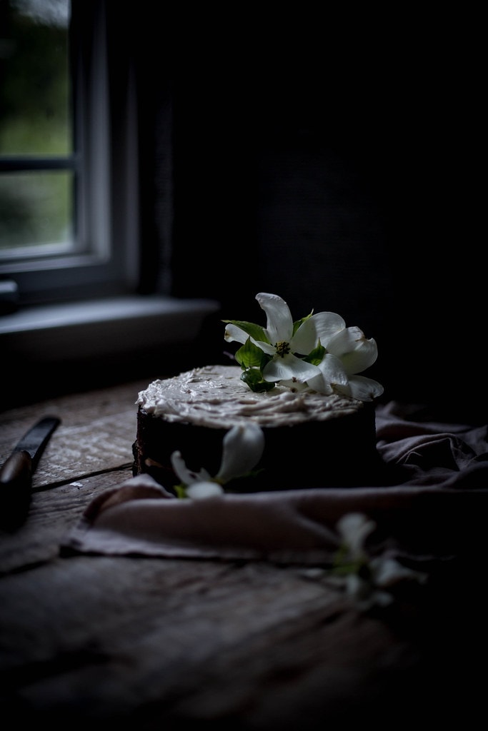 rich, moist chocolate lavender cake with mascarpone earl grey german buttercream