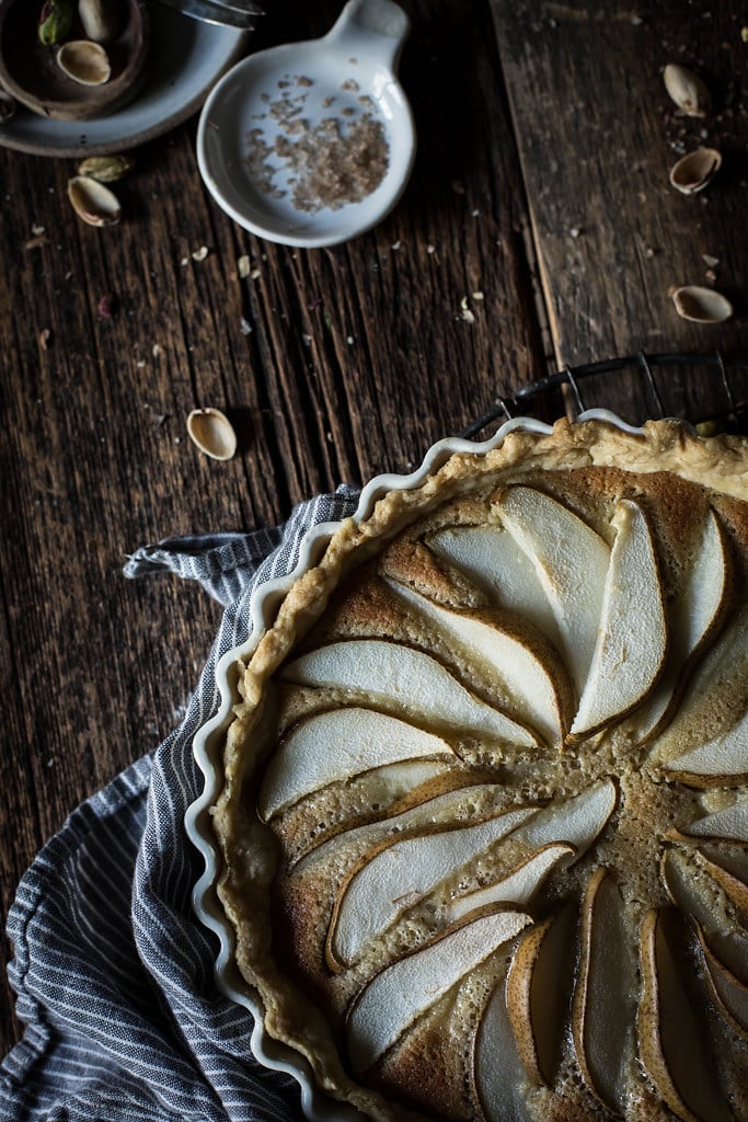 pear, pistachio, frangipane tart from the "top with cinnamon" cookbook