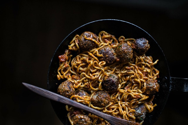 Homemade Spaghetti & Bison Meatballs with Porcini Truffle Sauce
