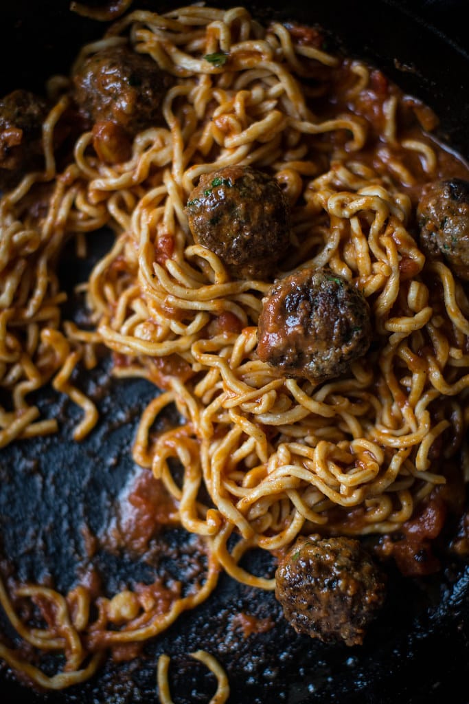 Homemade Spaghetti & Bison Meatballs with Porcini Truffle Sauce