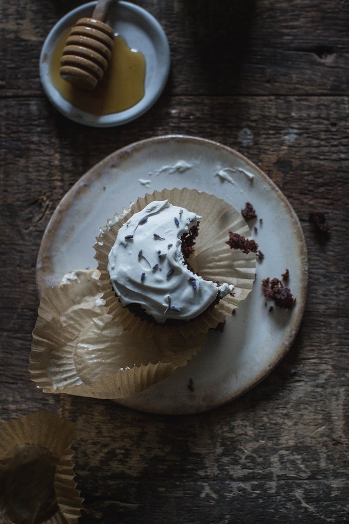 vegan & gluten free salted chocolate & lavender cupcakes with whipped honey coconut cream recipe