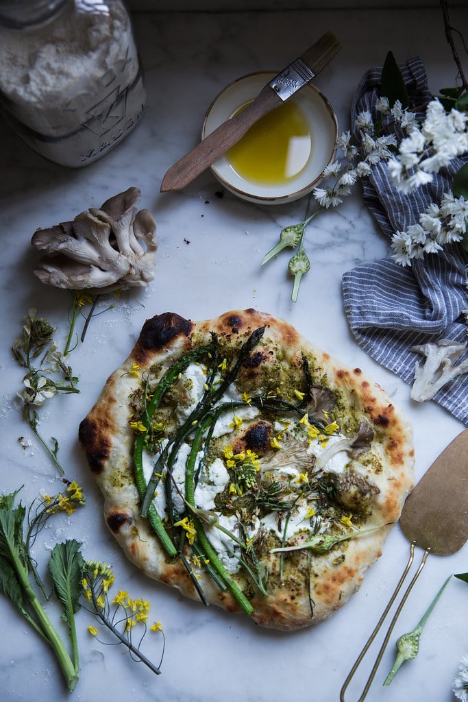Food photography - flatbread topped with asparagus and ricotta
