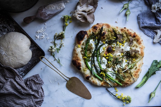 Flatbread topped with asparagus, ricotta and homemade pesto