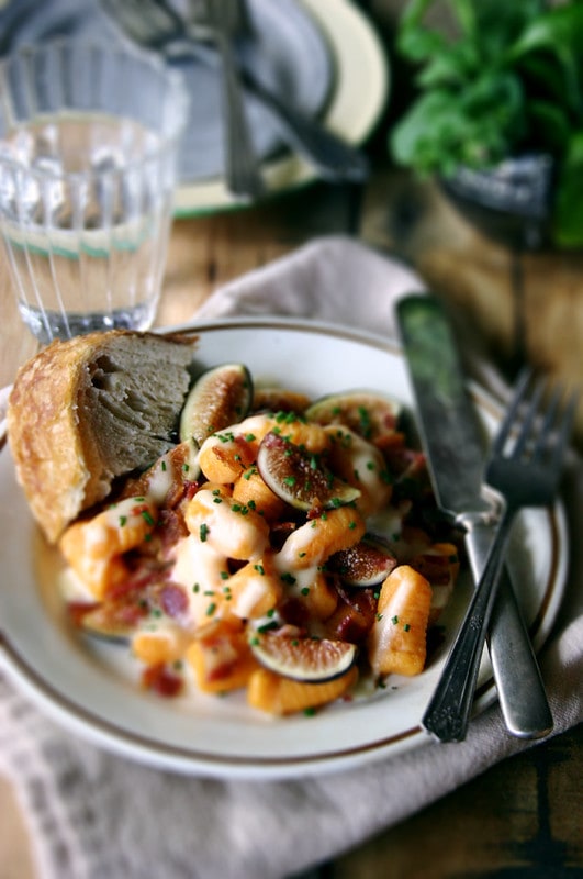 sweet potato ricotta gnocchi with buttermilk mornay, fresh figs, & pancetta