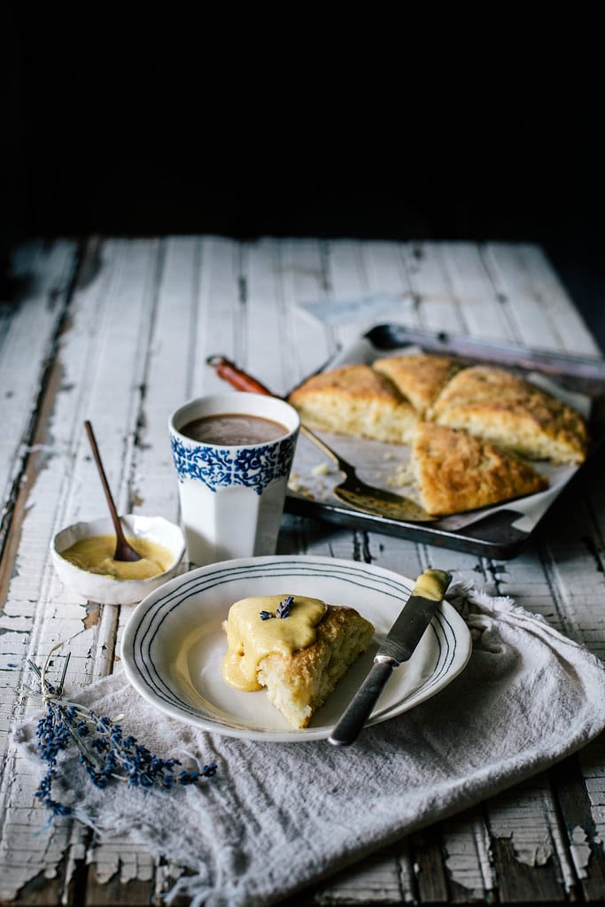 Buttermilk, Cornmeal, & Brown Butter Scones with Lavender Peach Curd