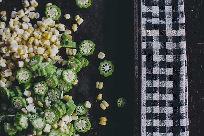 roasted corn & okra with bacon and goat cheese