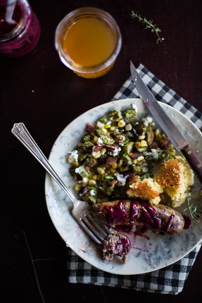 roasted corn & okra with chevre + grilled sausage in muscadine sauce